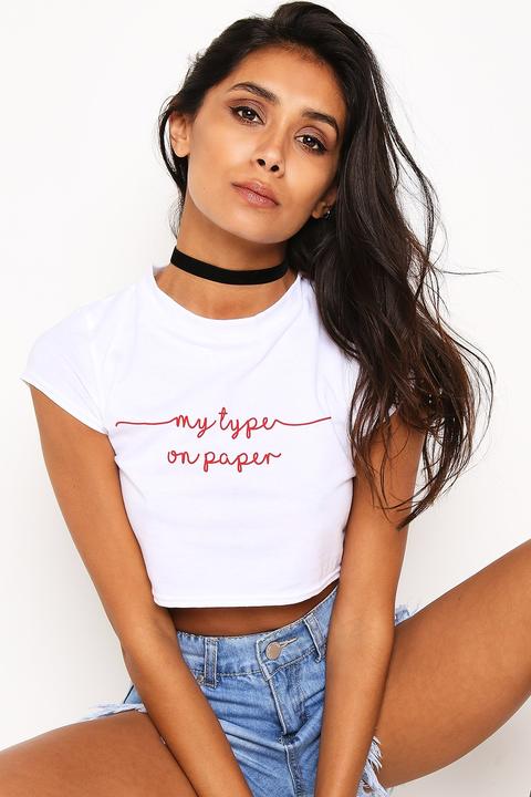 White My Type Slogan Cropped Tee