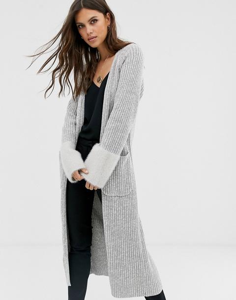 Fashion Union Longline Cardigan With Contrast Sleeves - Gray