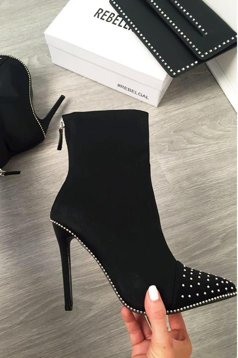 Black Studded Stiletto Sock Boot - Bethia