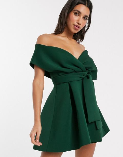 Asos Design - Robe Patineuse Courte À Épaules Tombantes Avec Liens À Nouer - Vert Forêt