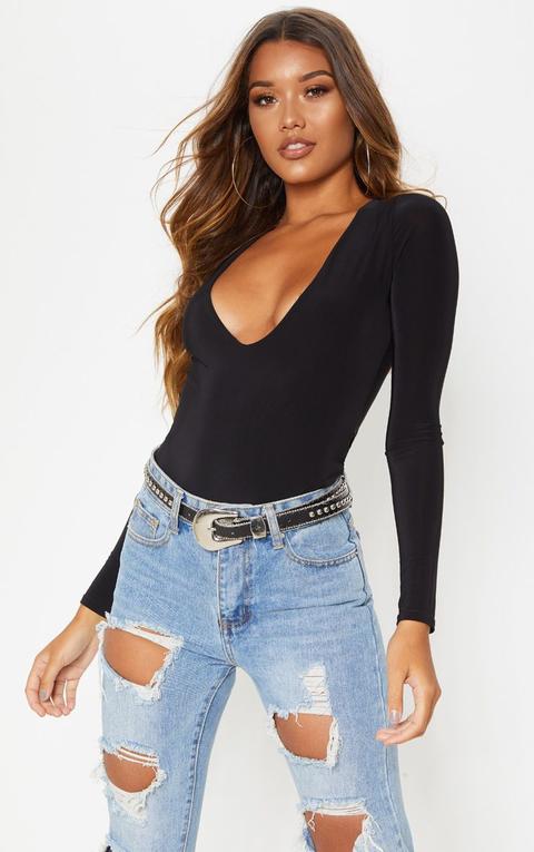 Black V Neck Slinky Bodysuit