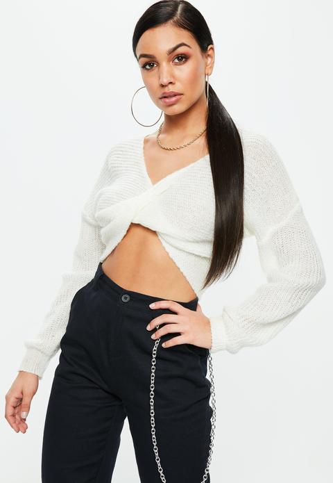 Cream Fluffy Twist Front Cropped Jumper