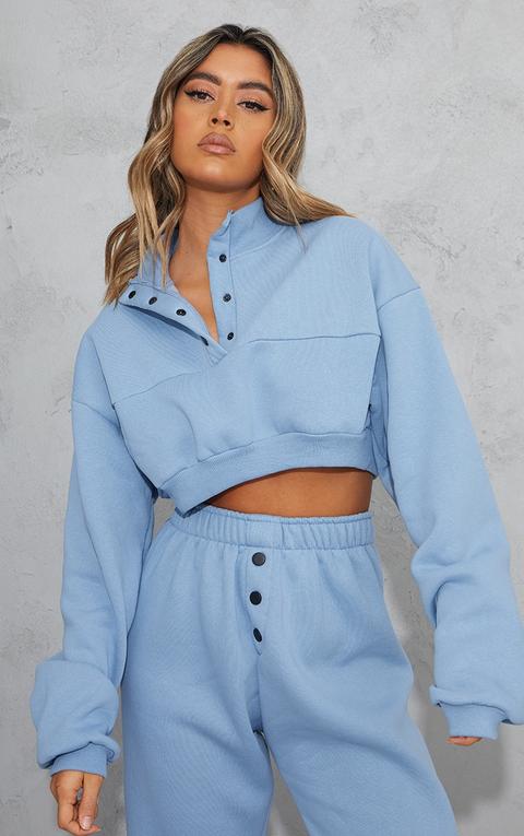 Blue Steel High Neck Button Front Oversized Sweatshirt