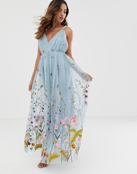 Vestido Largo De Tul Con Bordado Floral Delicado Y Tirantes Retorcidos De Asos Design-azul