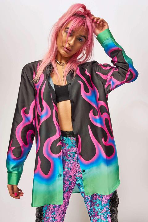 Neon Flame Print Oversized Shirt