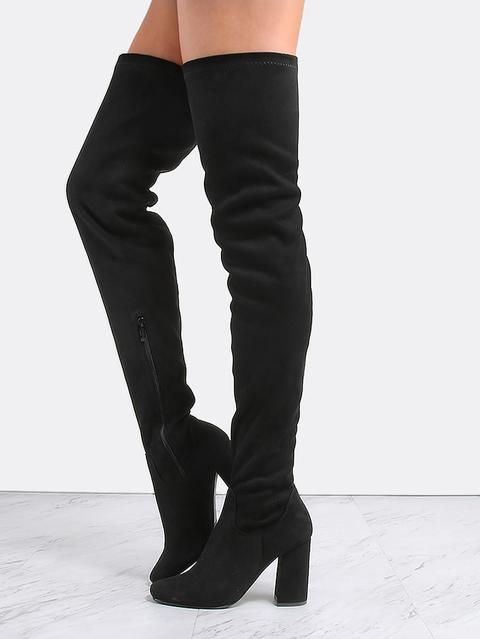 Square Toe Suede Thigh Boots Black