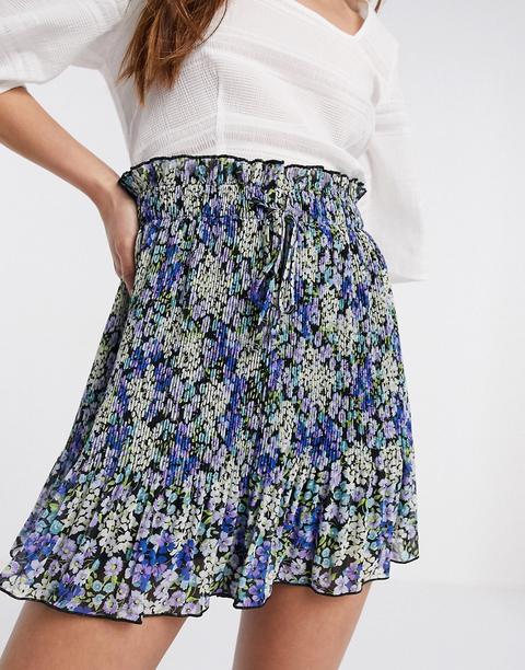 Stradivarius - Short Plissé À Fleurs - Bleu-multi