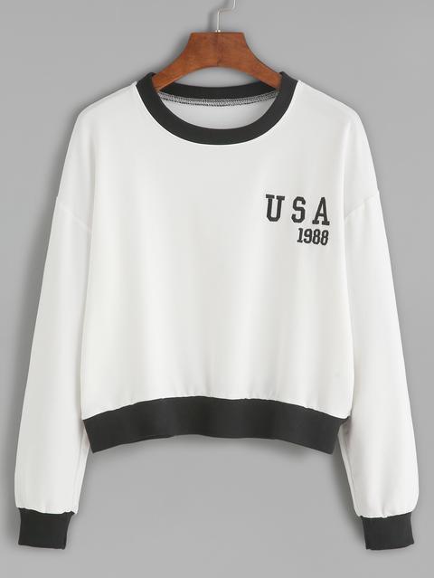 White Embroidered Contrast Trim Crop Sweatshirt