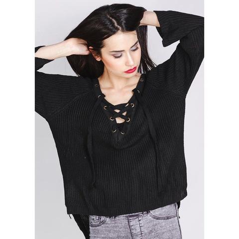 Felicity - Eyelet Lace Up Black Sweater