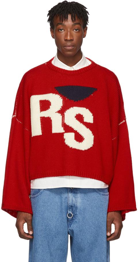 Red Virgin Wool Cropped Oversized 'rs' Sweater