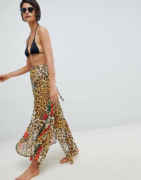 Asos Design Hanky Hem Beach Sarong In Mixed Animal Rose Print - Animal Rose