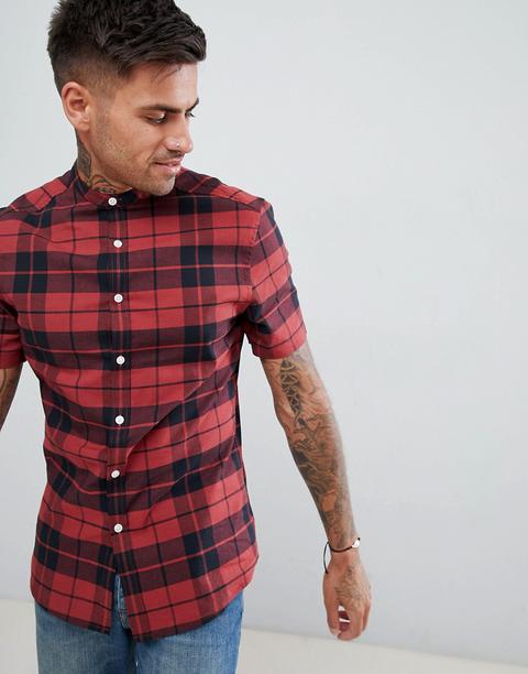 Asos Design - Camicia Skinny A Quadri Con Collo Serafino - Rosso