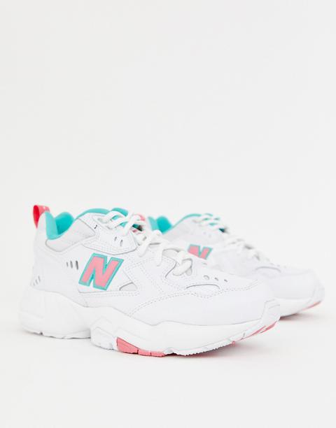 new balance 608 white with pink and green chunky trainers