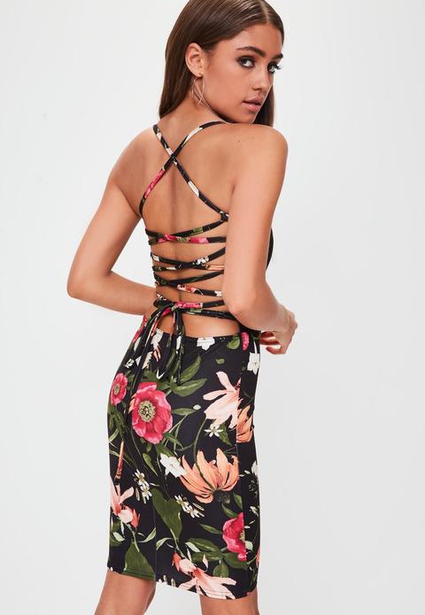 Black Strappy Printed Lace Up Back Bodycon Dress, Black