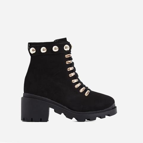 Winky Studded Chunky Sole Lace Up Ankle Biker Boot In Black Faux Suede, Black