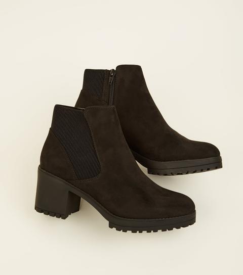 Black Suedette Chunky Chelsea Boots New 