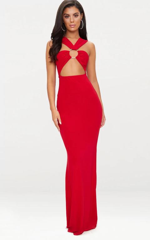 Red Cross Strap Cut Out Ring Detail Maxi Dress, Red