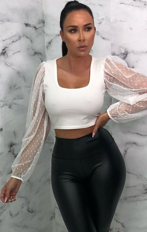 white polka dot mesh top