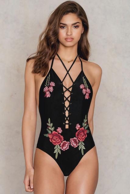 Embroidered Lace Up Swimsuit