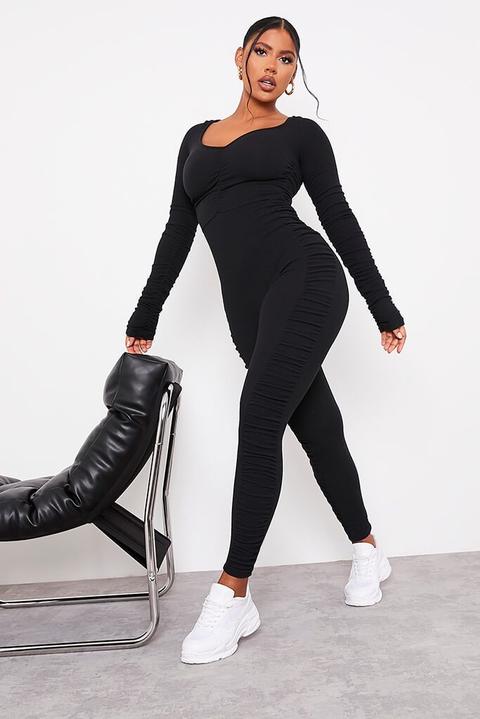 Black Ribbed Extreme Ruched Plunge Front Jumpsuit , Black