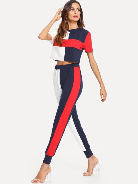 Conjunto Camiseta Corta De Color Block Con Pantalones Deportivos