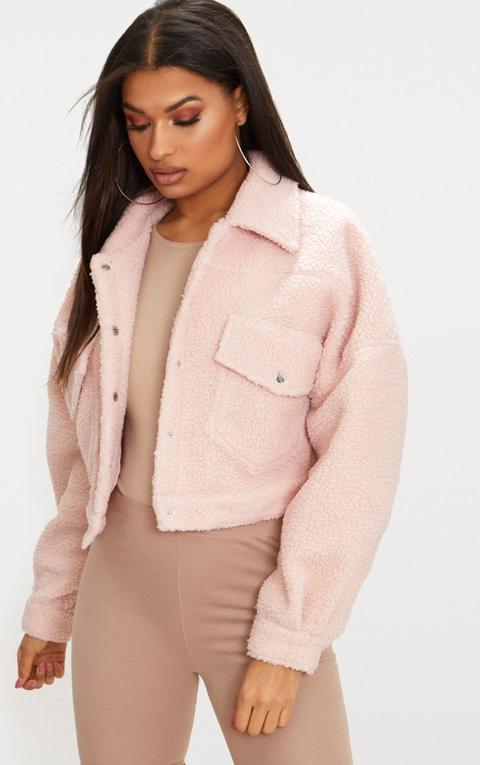 Blush Borg Cropped Trucker Jacket, Pink