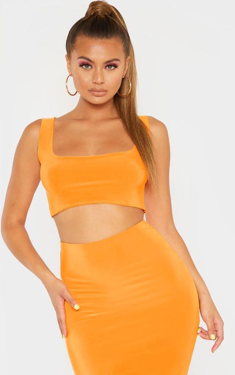 Hot Orange Slinky Square Neck Sleeveless Crop Top