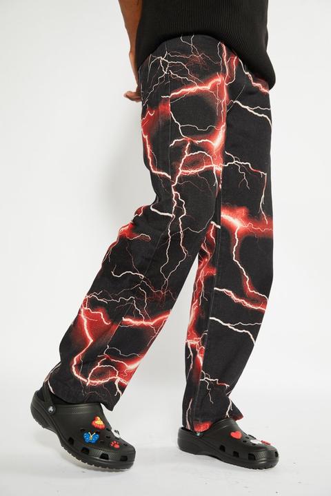 Red Lightning Bolt Print Jeans from Jaded London on 21 Buttons