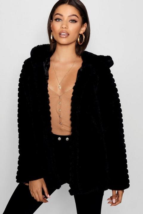 Womens Hooded Faux Fur Coat - Black - 12, Black