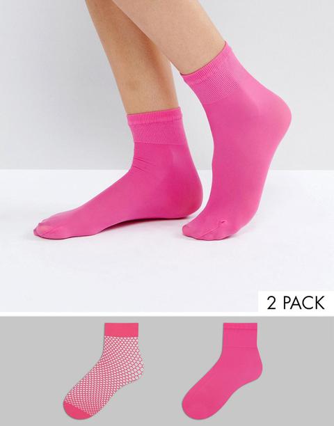 Asos 2 Pack Sheer & Fishnet Ankle Socks In Magenta