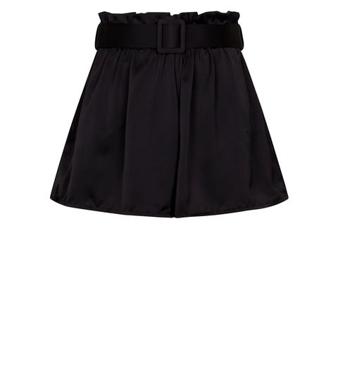Cameo Rose Black Satin Belted Shorts New Look