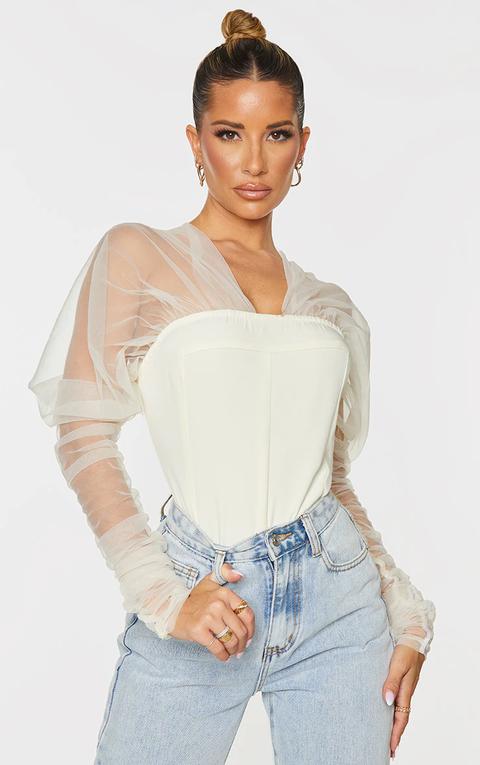 Cream Organza Ruched Long Sleeve Bodysuit