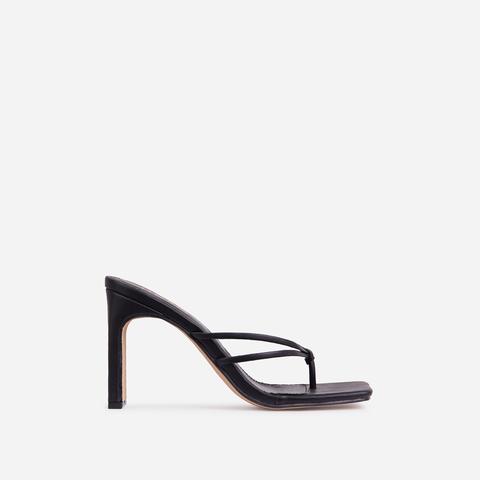 Ringlight Strappy Square Toe Thin Block Heel Mule In Black Faux Leather, Black