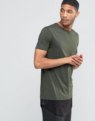 Asos - T-shirt Molto Lunga Verde Militare Con Fondo Arrotondato Esteso E Zip Laterali