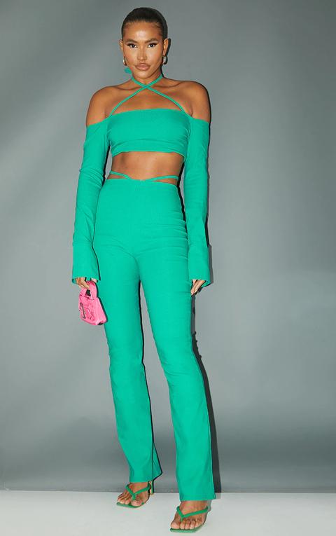 Bright Green Stretch Woven Cut Out Detail Skinny Flared Trousers