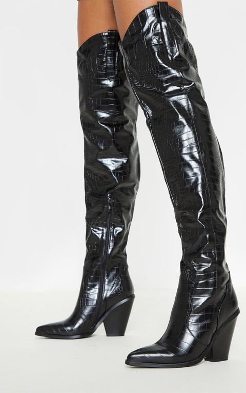 Black Thigh High Croc Western Boot