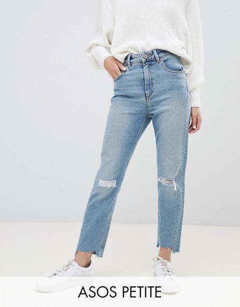 Asos Design Petite - Farleigh - Mom Jeans Slim A Vita Alta Lavaggio Vintage Chiaro Con Strappi E Rammendi - Blu