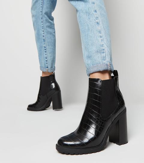 black faux croc chunky boots