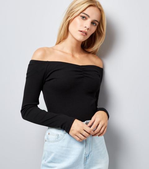 Black Ribbed Sweetheart Neck Top