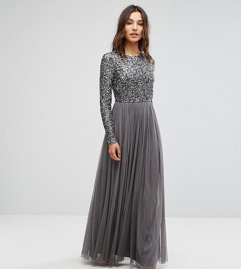 Maya - Vestito Lungo A Maniche Lunghe Con Delicate Paillettes E Gonna In Tulle - Grigio