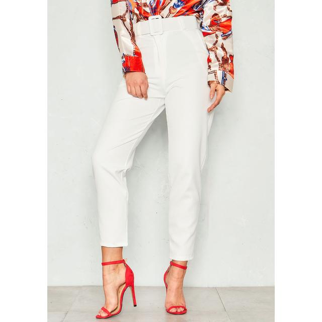 white high waisted belted trousers