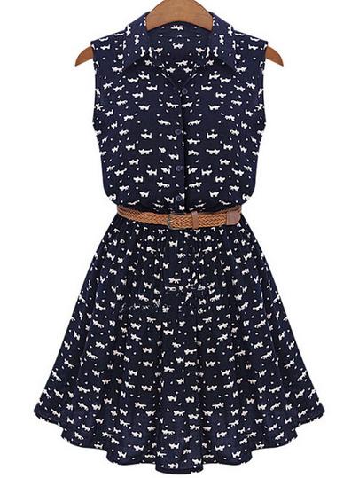 Vestido Solapa Gato Recto-azul