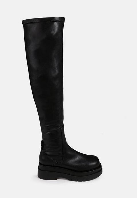 black faux leather over the knee chunky boots