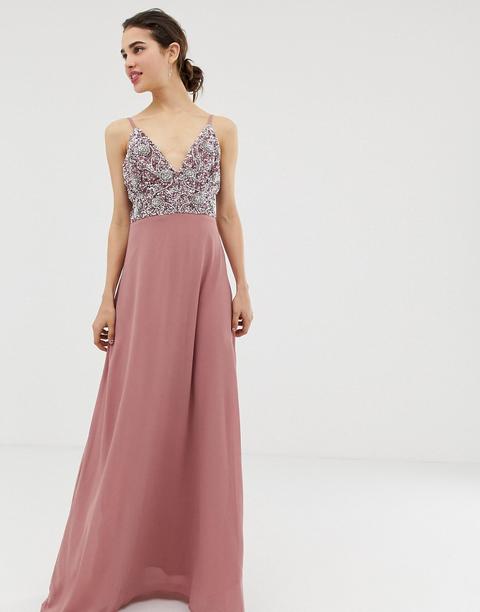Vestido Largo De Tirantes Finos Con Falda Plisada Y Parte Superior Adornada De Angeleye-rosa
