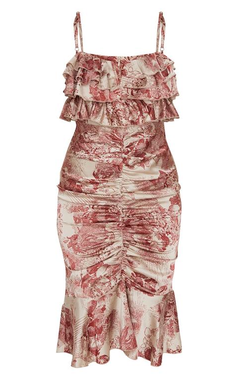 Burgundy Floral Ruffle Detail Gathered Front Midi Dress
