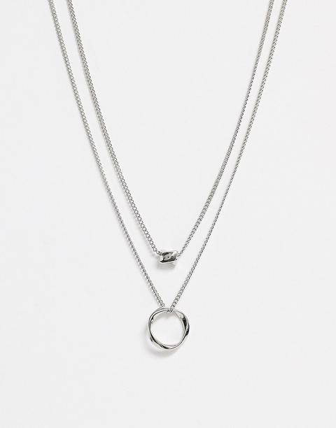 Asos Design Multirow Necklace Twisted Nugget Bead And Hoop In Silver Tone