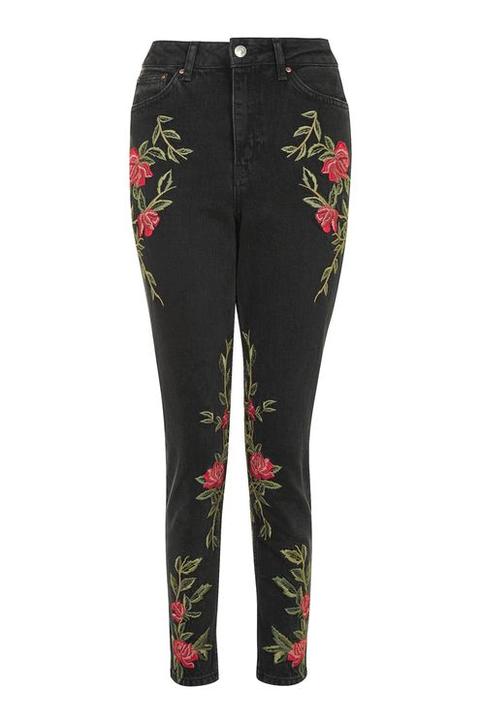 Petite Rose Embroidered Mom Jeans