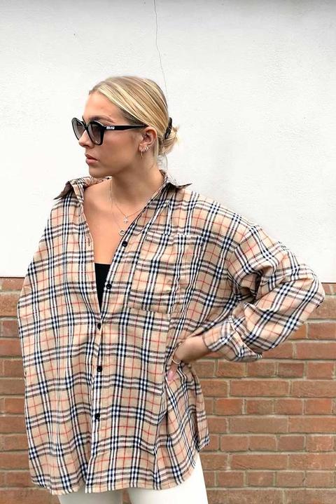 Nude Brushed Check Oversized Shirt