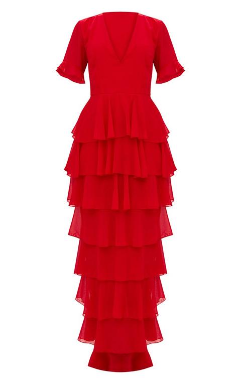 red chiffon ruffle layer maxi dress