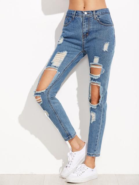 Blue Distressed Knees Ankle Jeans